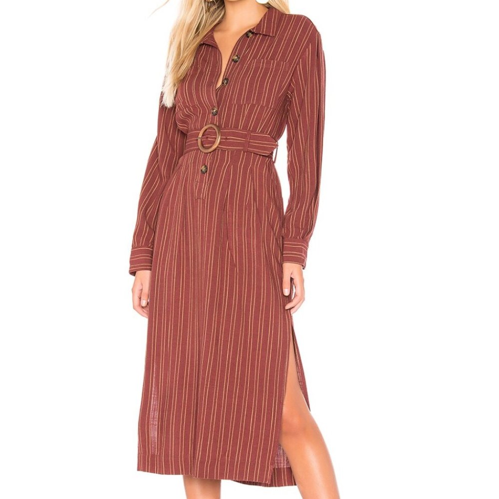 Free People Audrey Striped Belted Long Sleeve Midi Dress